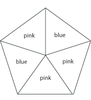 A pentagon, or spinner, divided into five equal parts. The parts are labelled pink, blue, pink, blue, pink.