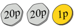 Two 20p coins and one 1p coin