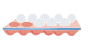 An illustration of a box of eggs. The box contains eight eggs and has two empty spaces.