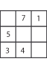 A number grid containing 9 squares with three squares in three rows. Across the top row the numbers read blank, seven and one. Across the middle row the numbers read five, blank, blank. Across the bottom row the numbers read three, four, blank.