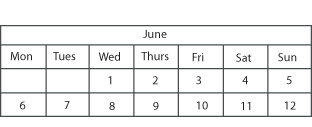 A picture of a calendar displaying the first 12 days in June.