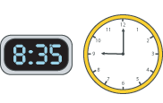 Two clocks: one digital, one analogue. The digital clock is showing eight thirty-five, and the analogue clock shows nine o'clock.