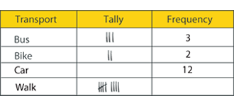 A table showing information on how people travel. Bus has a tally of three, and a frequency of three. Bike has a tally of two and a frequency of two. Car does not contain any information for tally and has a frequency of 12. Walk has a tally of nine but doesn't have any information for frequency.