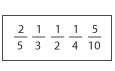 A box containing five fractions. Two fifths, one third, one half, one quarter, five tenths.