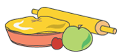 An image of a pie with a rolling pin, apple and a berry alongside it.