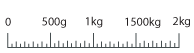 A measuring scale from zero to two kilogrammes. Marking points are presented in increments of 50 grammes.