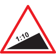 A red triangular road sign showing 1:10 incline.