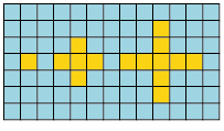 Blue rectangular shape containing one small yellow square, and two yellow crosses of different sizes.