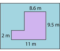 Blue square containing a purple shape with dimensions. The dimensions are eight point six meters across the top, nine point five metres on the right, eleven metres along the bottom and two meters on the left.