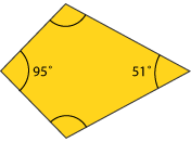 Kite showing one angle of ninety five degrees, the second of fifty one degrees, and the third and fourth unknown