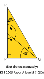 Triangle with known angles thirty degrees and forty degrees. Angles a, b and c unknown.