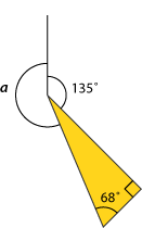 Line and triangle showing one hundred and thirty five degrees and sixty eight degrees. Angle a unknown.