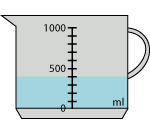 One litre measuring jug showing liquid up just below the five hundred millilitre line.